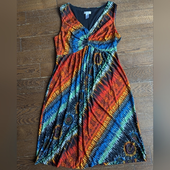 Chico’s Multicolor Sunburst Rainbow Sleeveless Dress Sz 0 Baby Doll Empire Waist - Picture 3 of 8